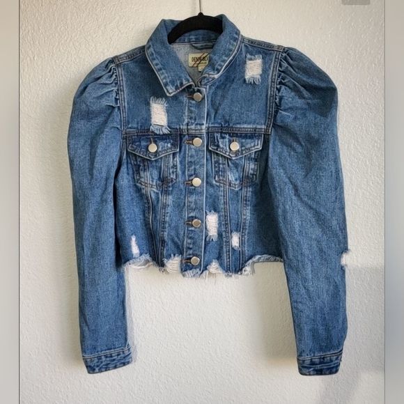 Denim Blvd Los Angeles Puff Sleeve Ripped Raw Hem Crop Jean Jacket Dark Blue S - Picture 1 of 12